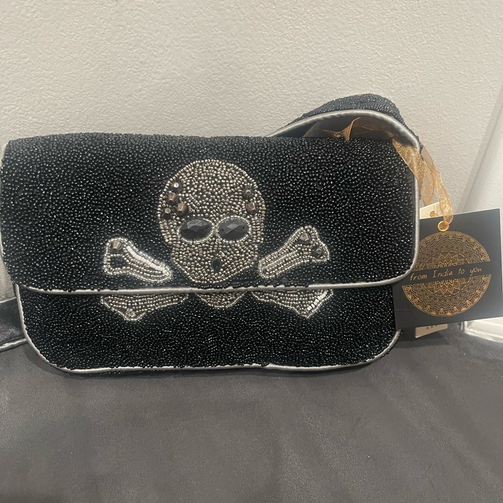 Black Beaded Skull Crossbody Bag